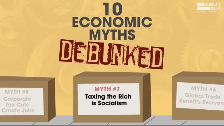 Cartoon cardboard box on a conveyer belt with a label saying "Myth #7 Taxing the Rich is Socialism"